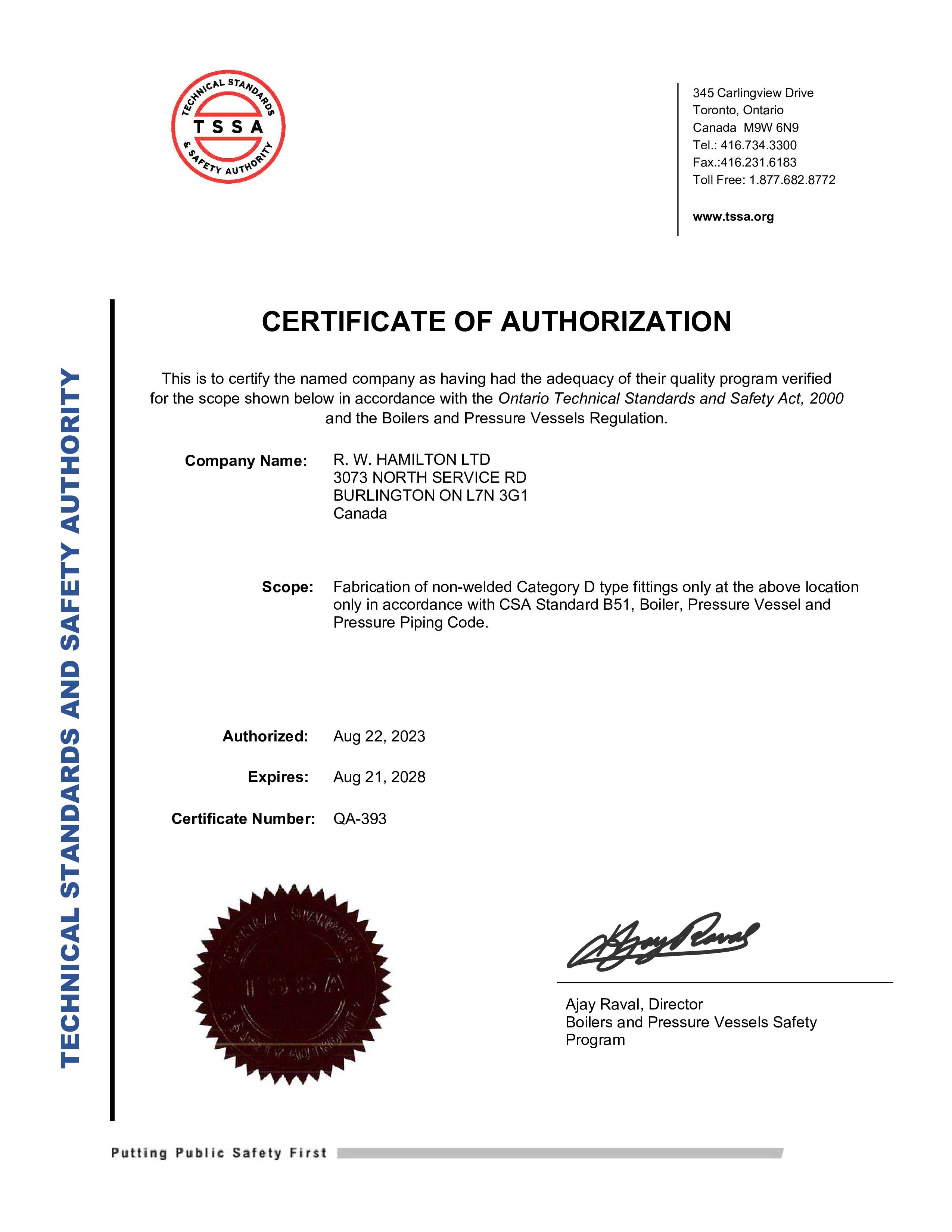 TSSA Certificate of Authorization